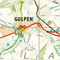 Very informative map with dozens of routes and interesting locations. The maps show a part of the Limburg area and are made in a customized map style.