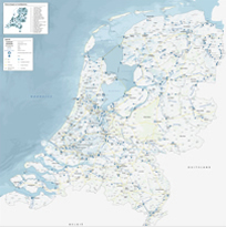 This very complete ‘water-map’ shows the Netherlands with all locks, water boards, rivers and canals. Several sources of information have been used, after which it has been bundled into a folding- and wall map.