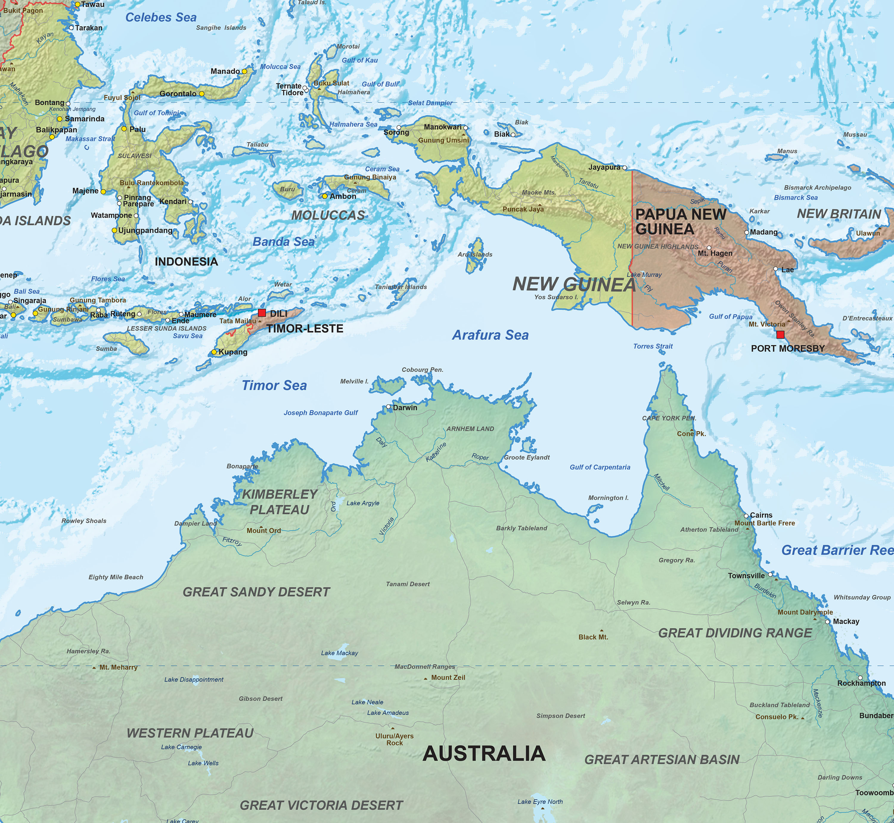Digital Physical Map Oceania with relief 1296 | The World of Maps.com