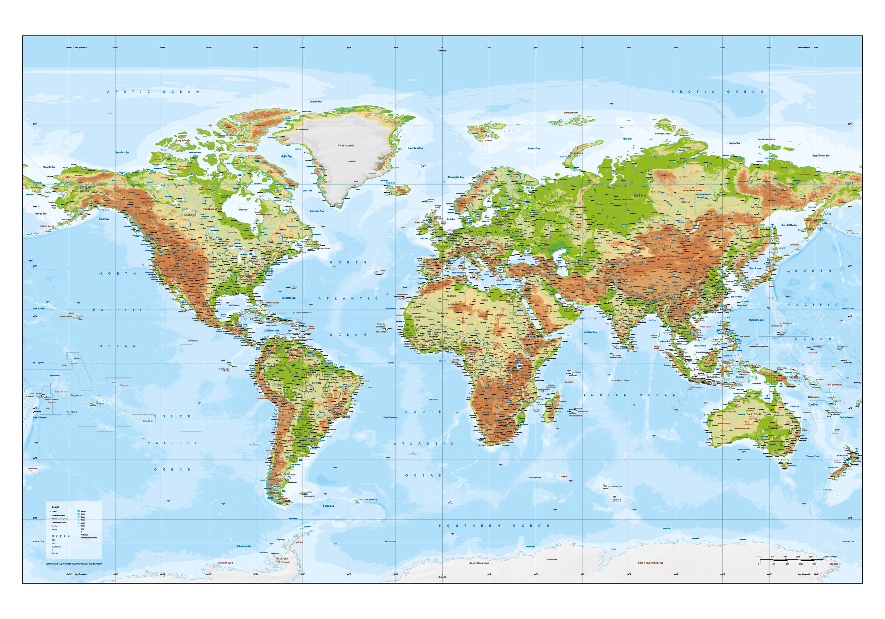 Vector World Map Xxl Physical With Relief 1272 The World Of