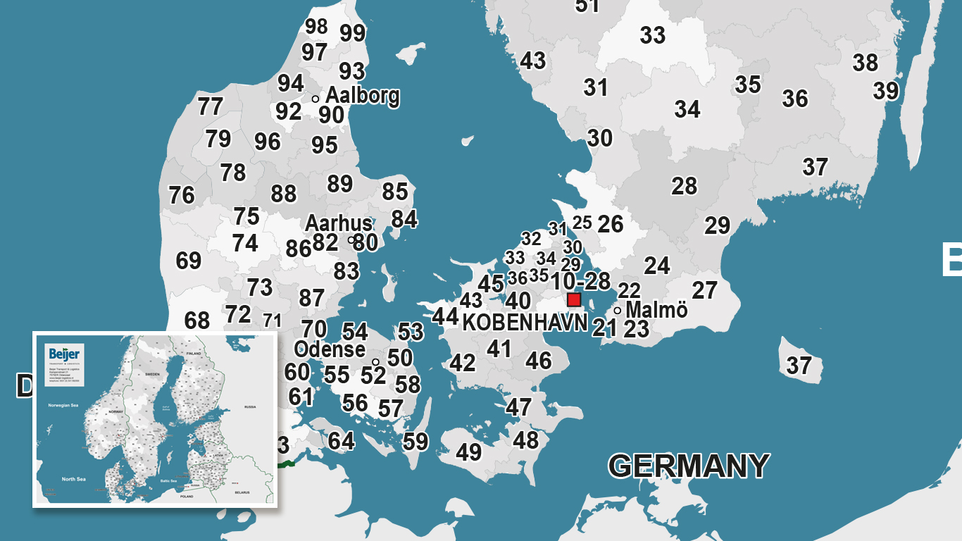 2 Digit postcode map of Scandinavia, made for Beijers.