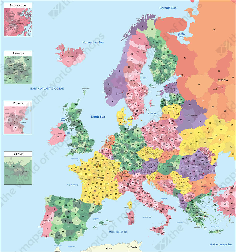 Postal Zip Code Map Digital Postcode Map Europe 1382 | The World Of Maps.com
