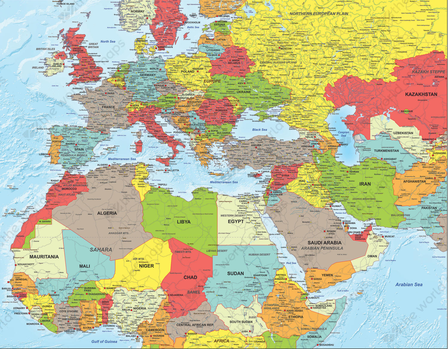 Digital Political Map North Africa Middle East And Europe 1317 The World Of Maps Com