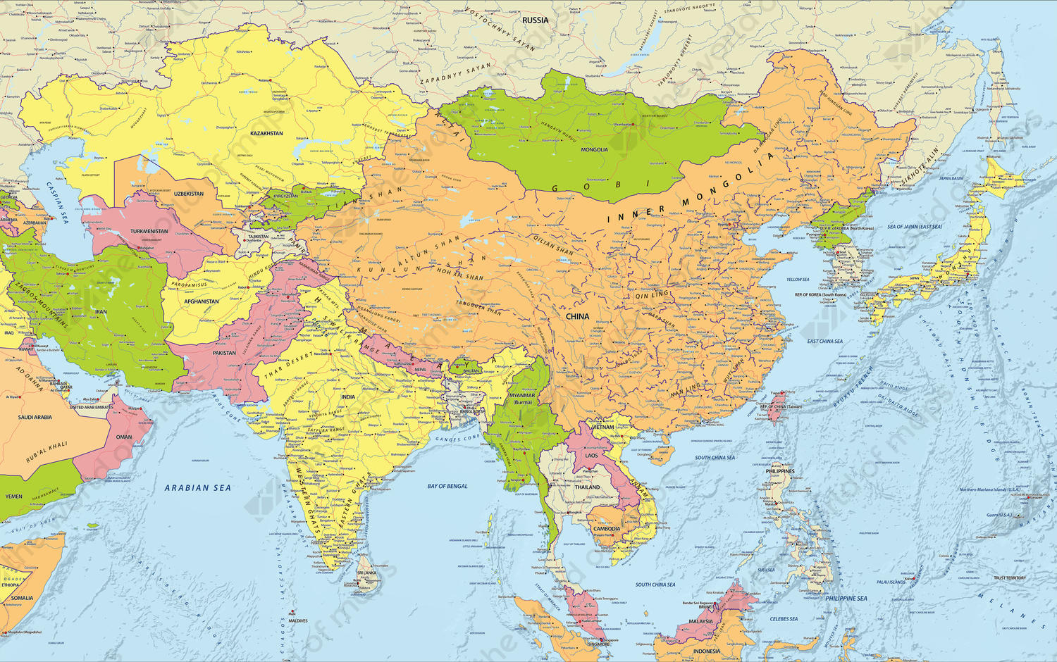 Central And East Asia Physical Map