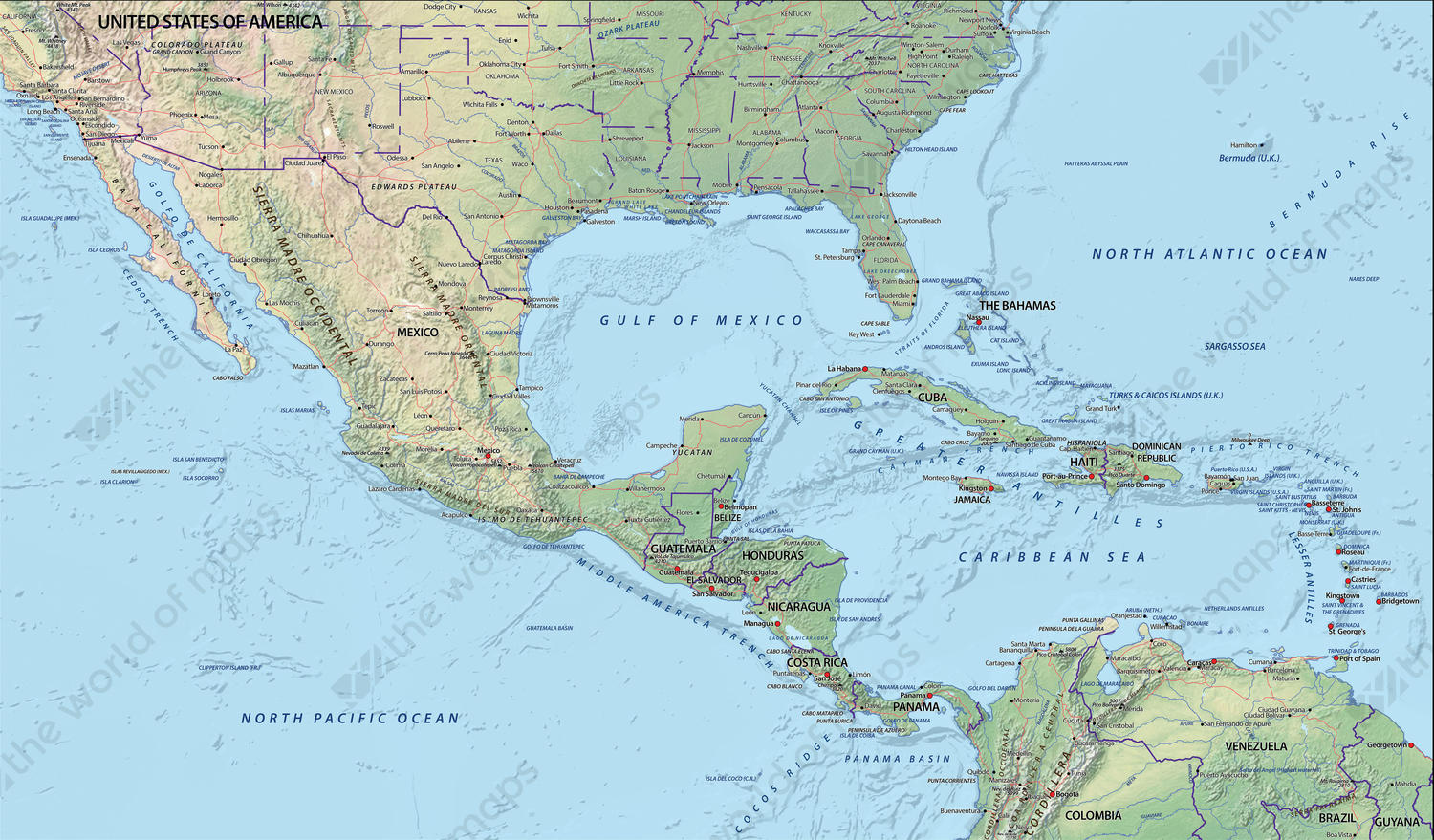 Digital map Central America physical Digital map Central America physical