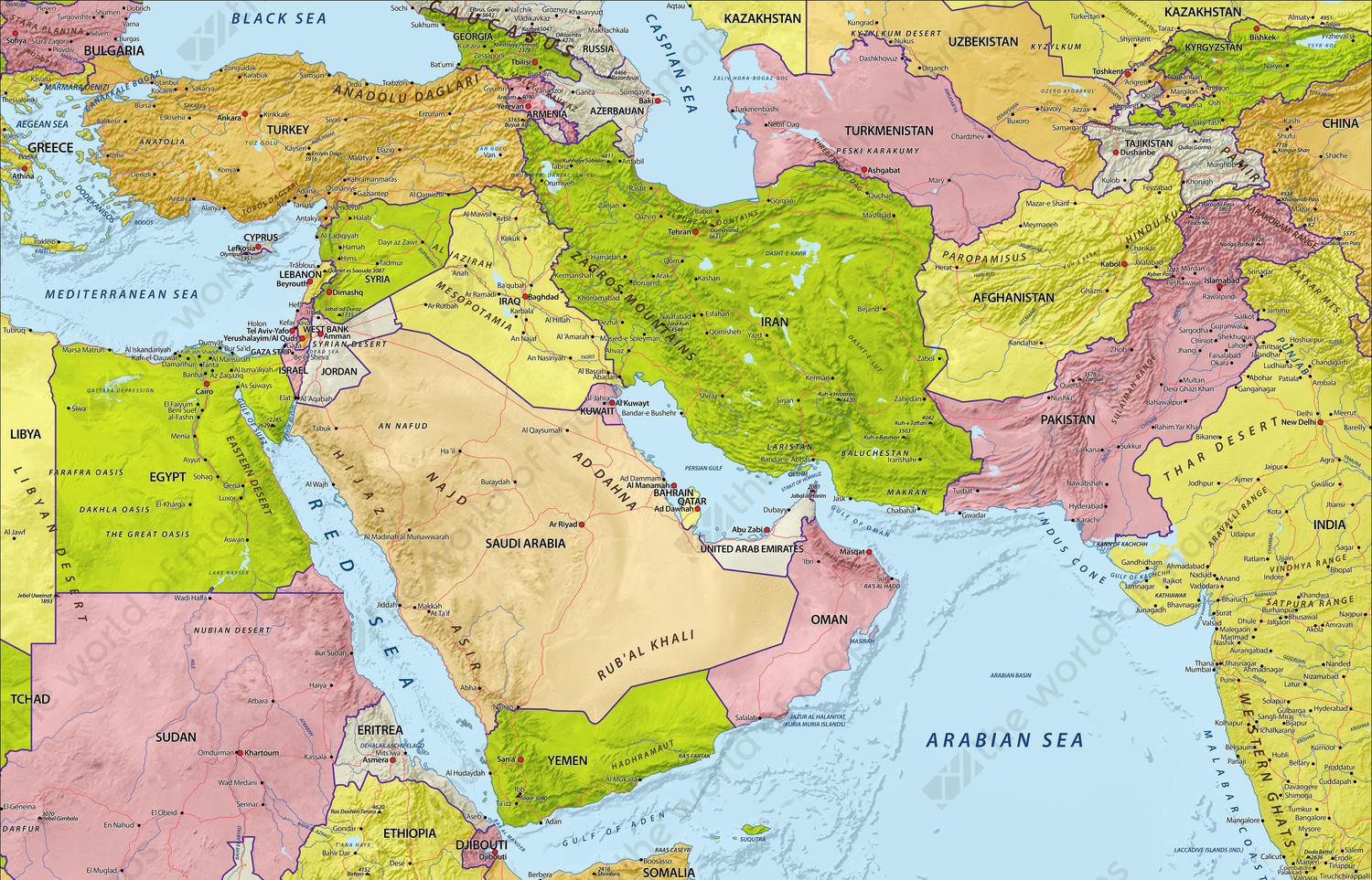 Detailed Political Map Of The Middle East With Relief