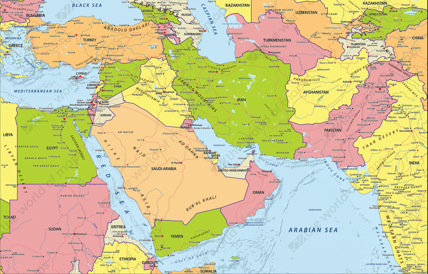 middle east political map Digital Political Map Middle East 633 The World Of Maps Com