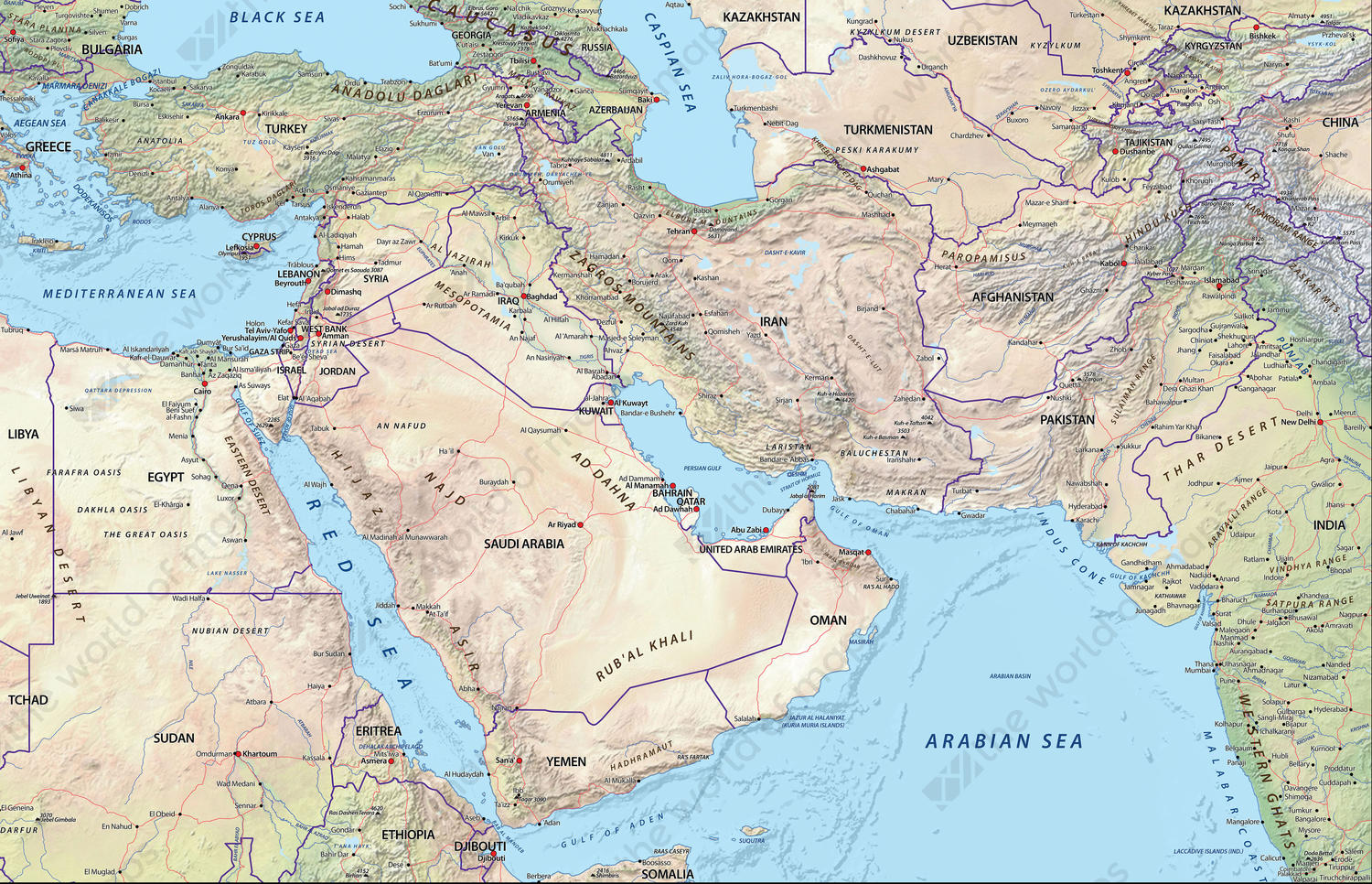 Digital map Middle East physical