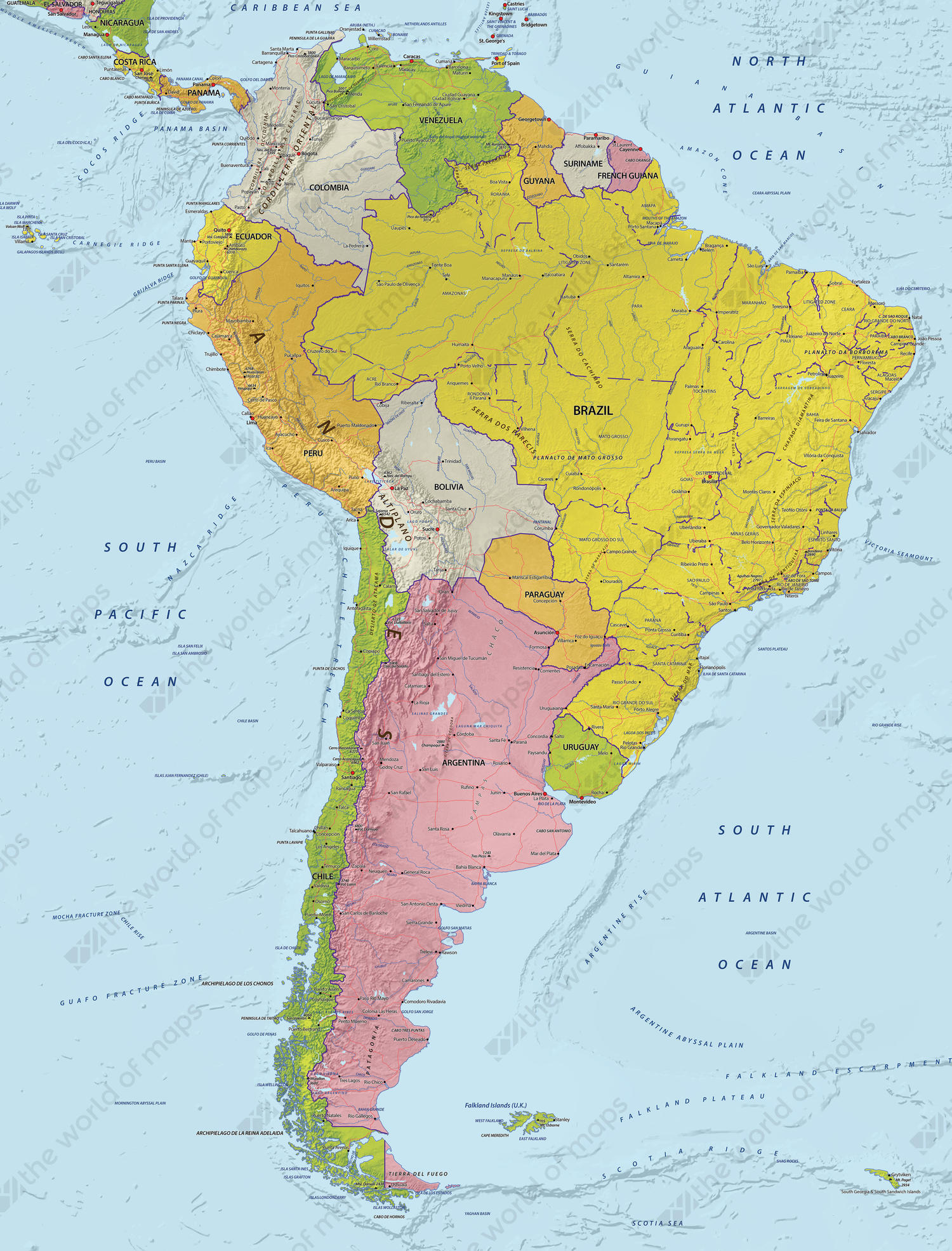 Digital map South America with relief Digital map South America with relief