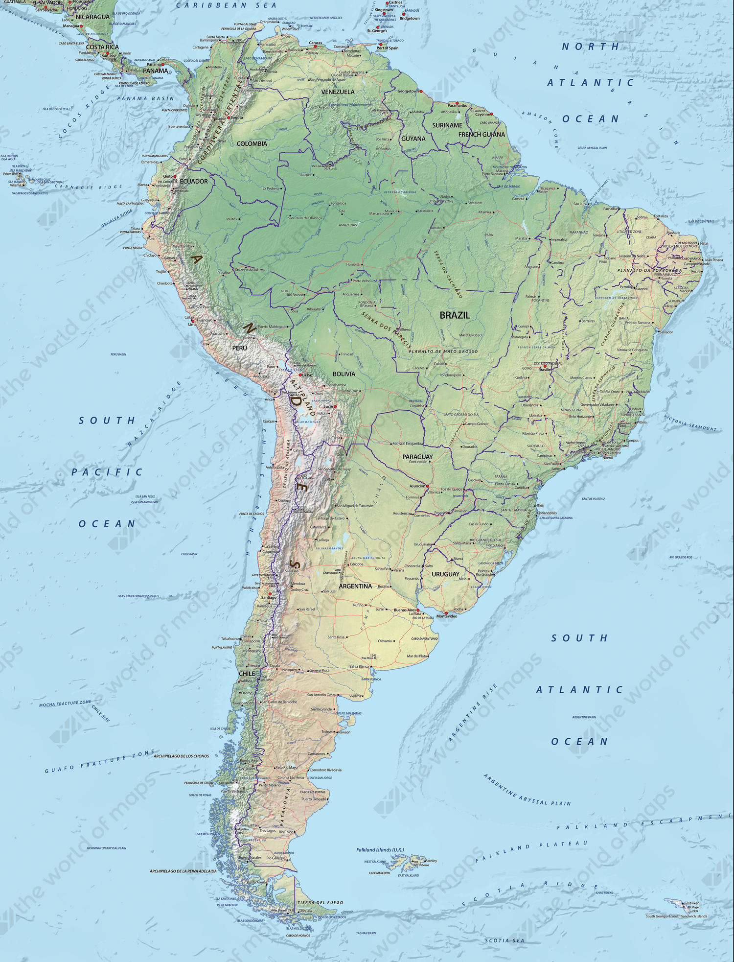 Digital map South America physical Digital map South America physical
