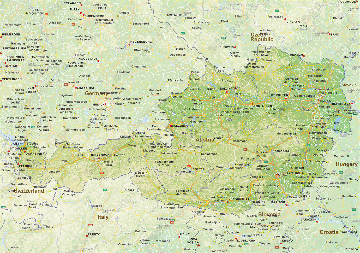Digital physical map of Austria 