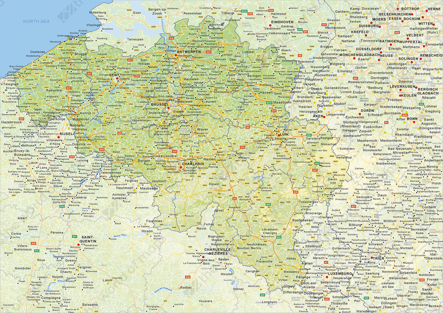 Digital physical map of Belgium