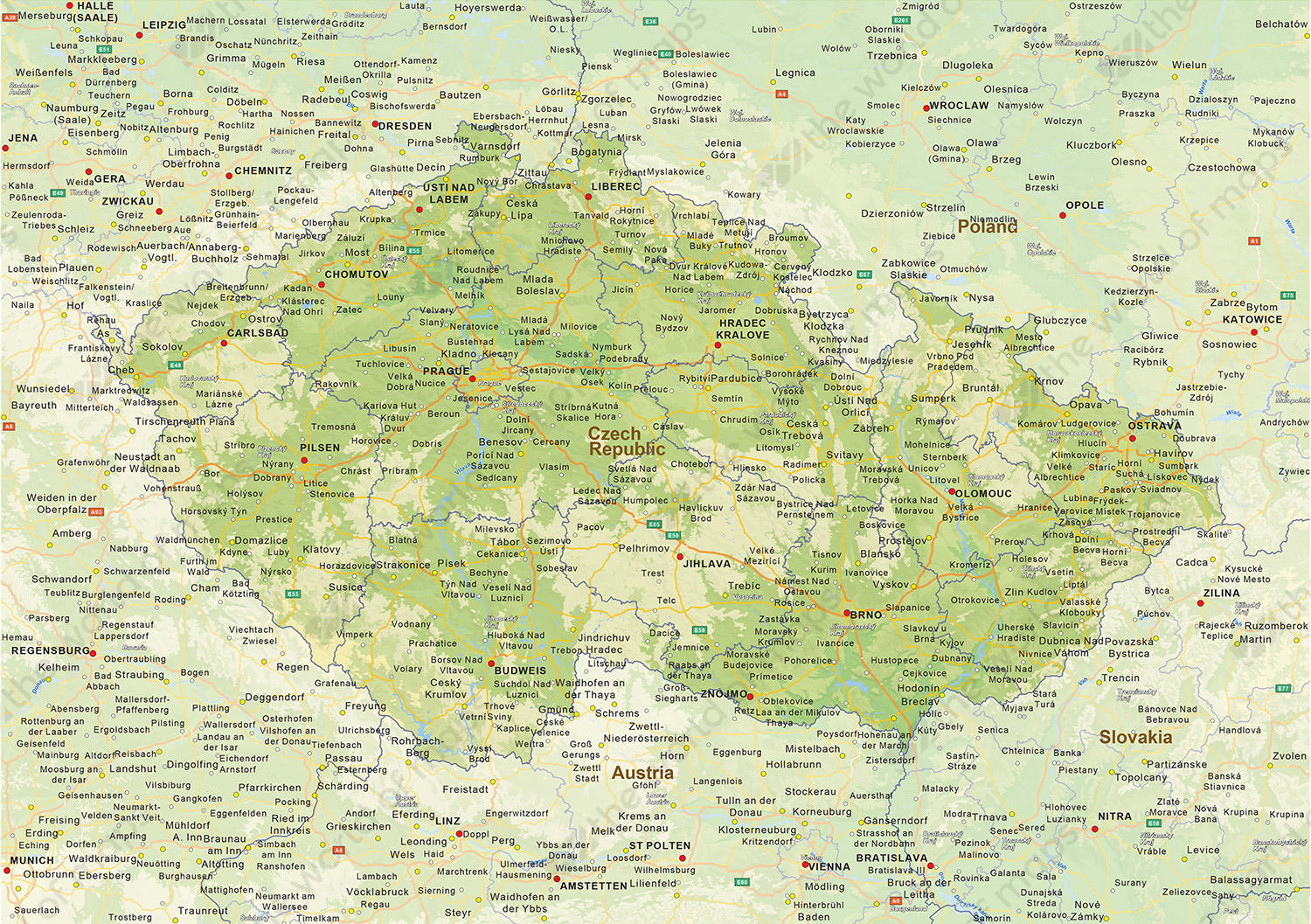 Digital physical map of Czech Republik 