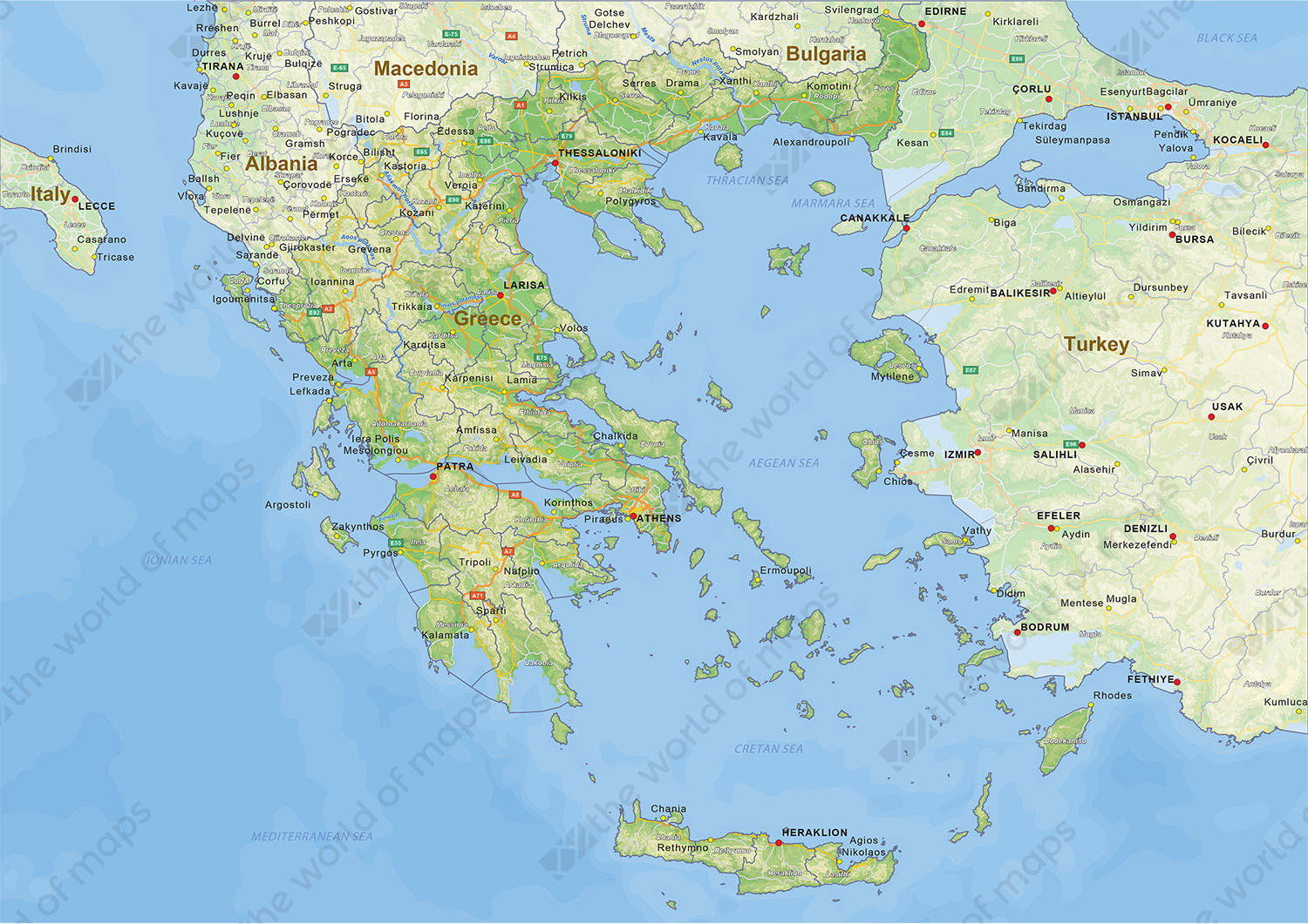 Digital physical map of Greece