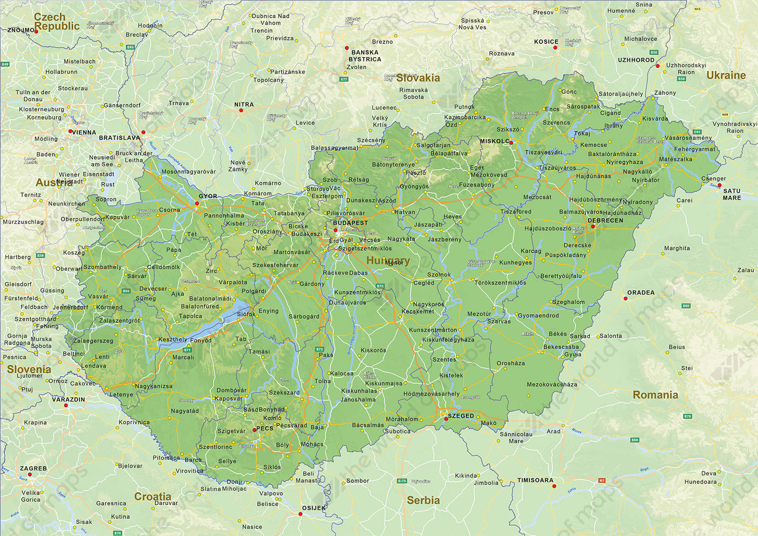 Digital physical map of Hungary