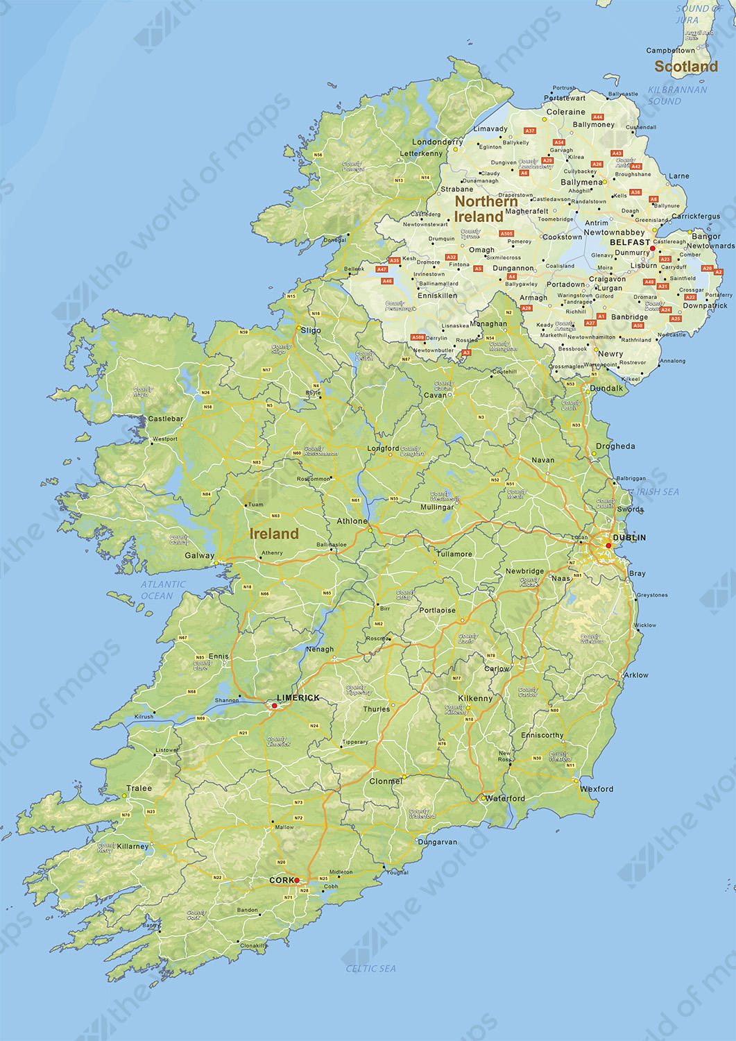 Digital physical map of Ireland 