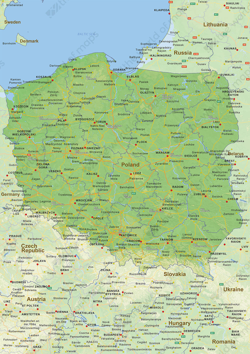 Digital physical map of Poland 