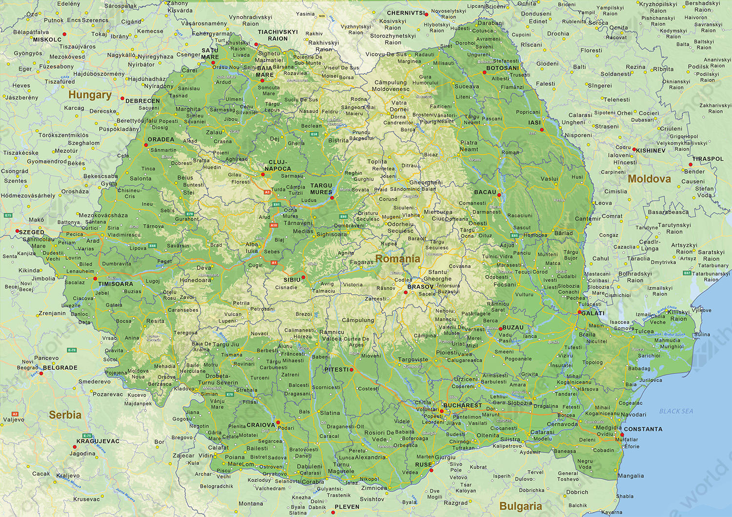 Digital physical map of Romania