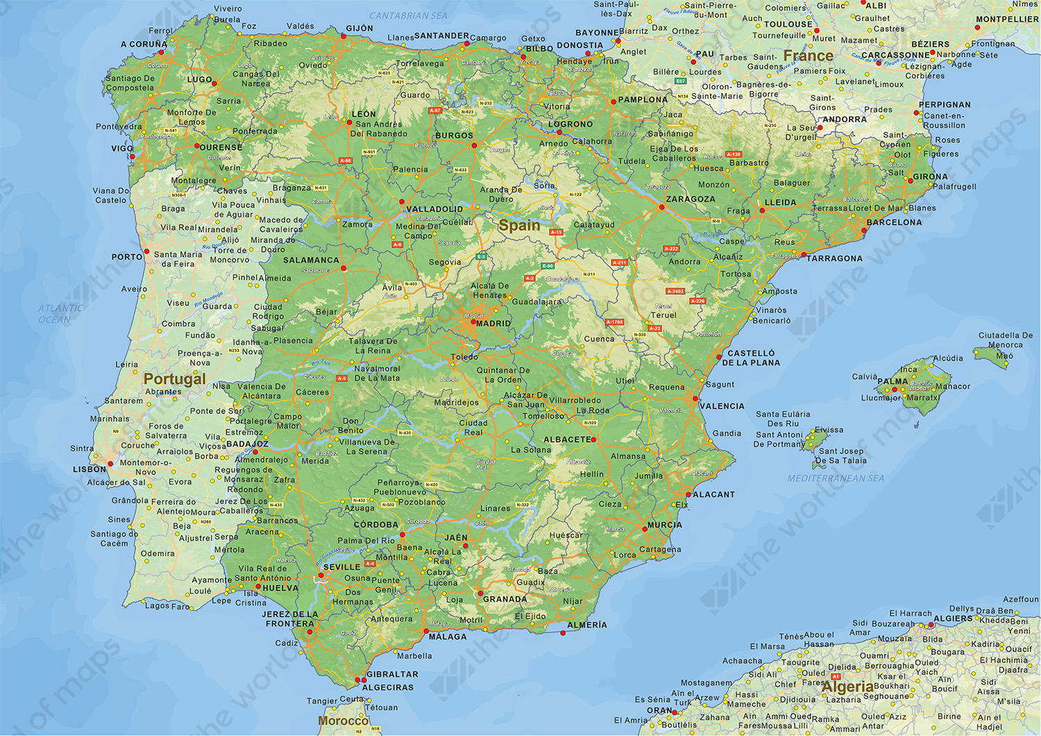 Digital Physical Map Of Spain 1465 The World Of Maps Com