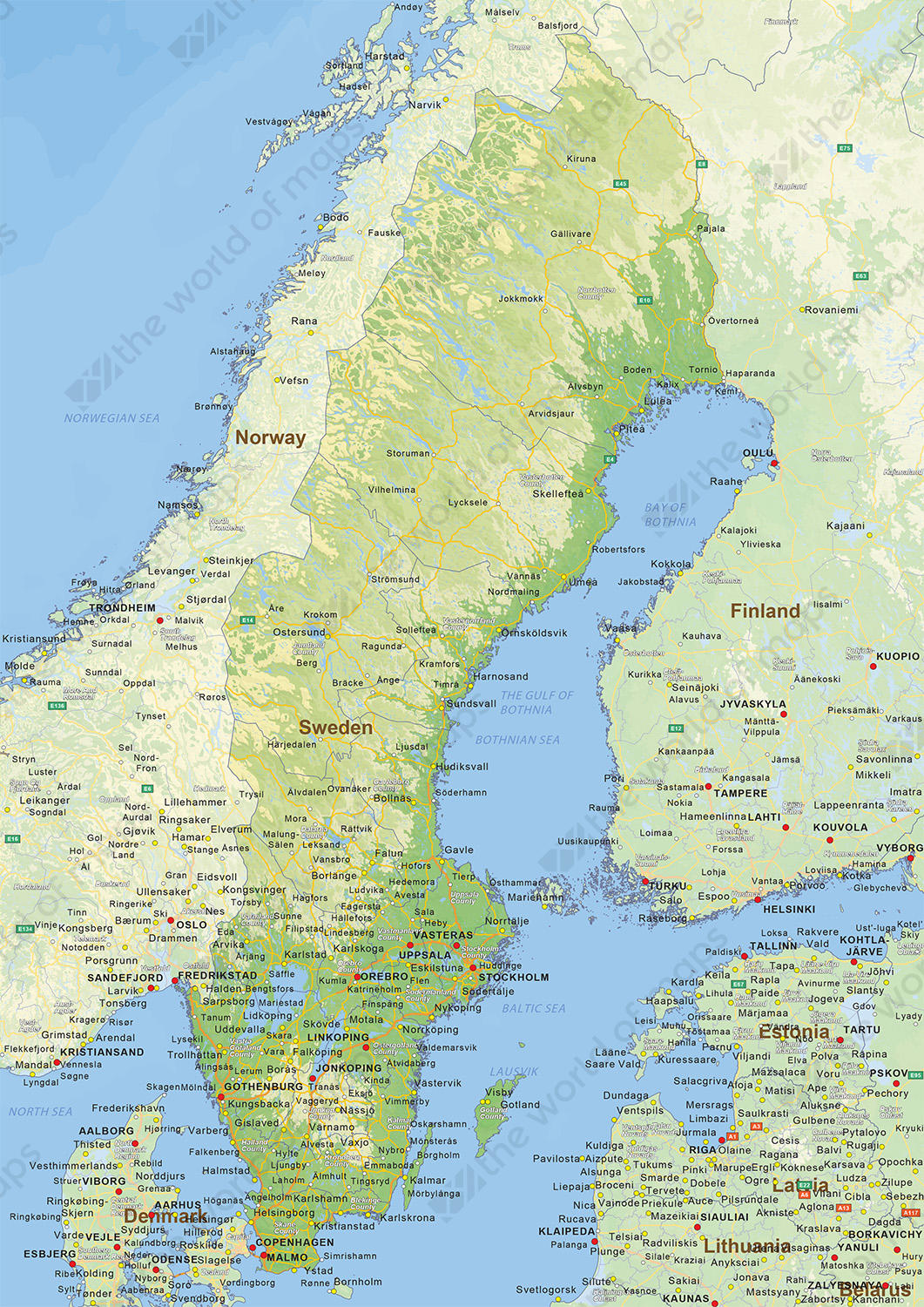 Digital physical map of Sweden