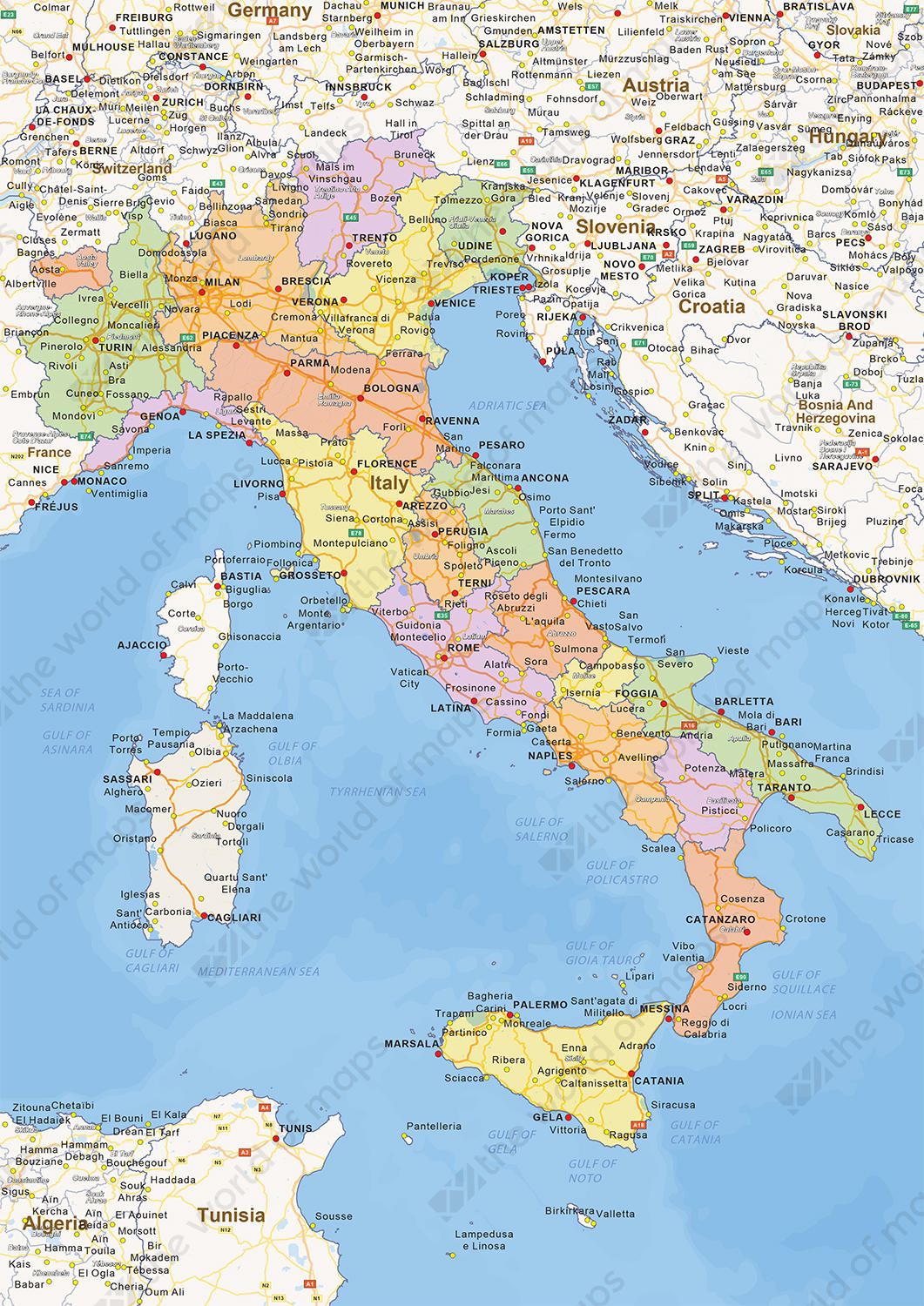 Italy On World Map Digital Political Map Of Italy 1444 | The World Of Maps.com