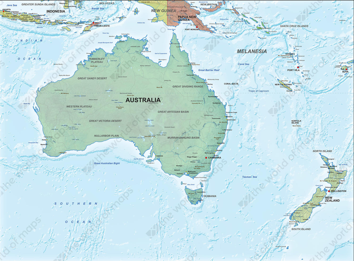 Digital map Australia political with relief