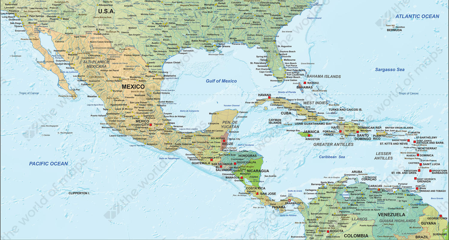 Digital map Central America political with relief