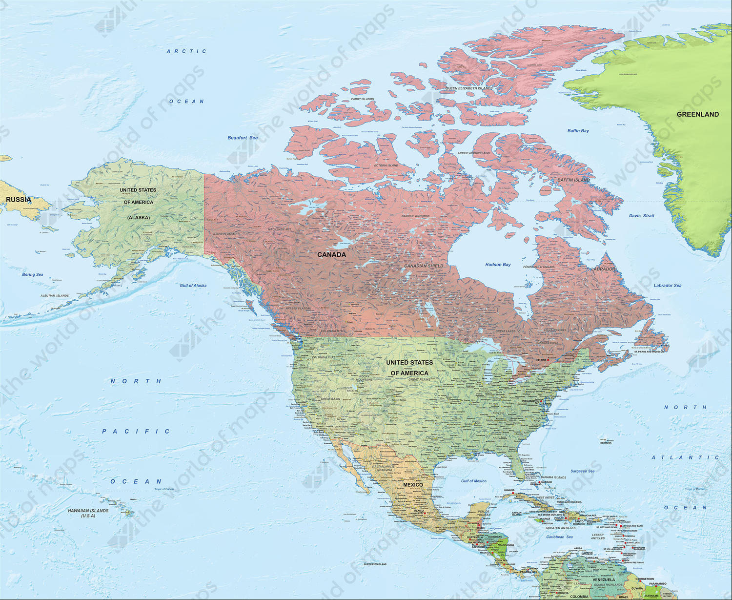 Digital map North America political with relief