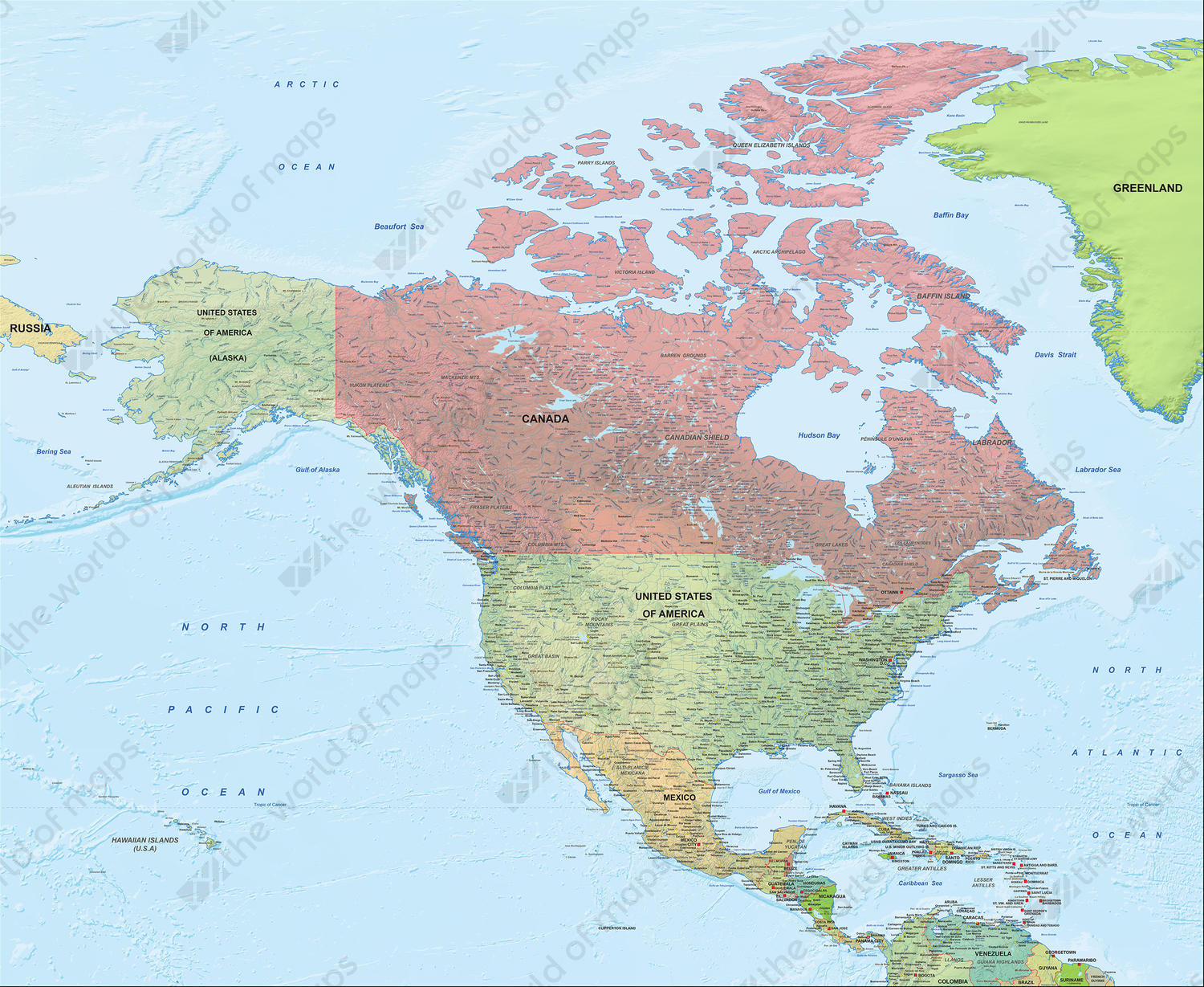 Digital Map North America Political with relief 1291 | The World of