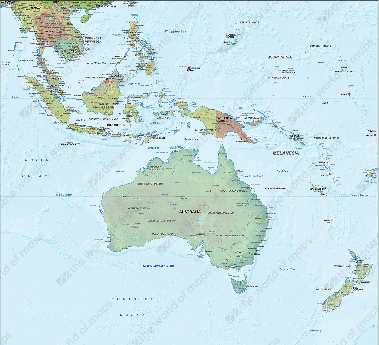 Digital map Oceania physical with relief