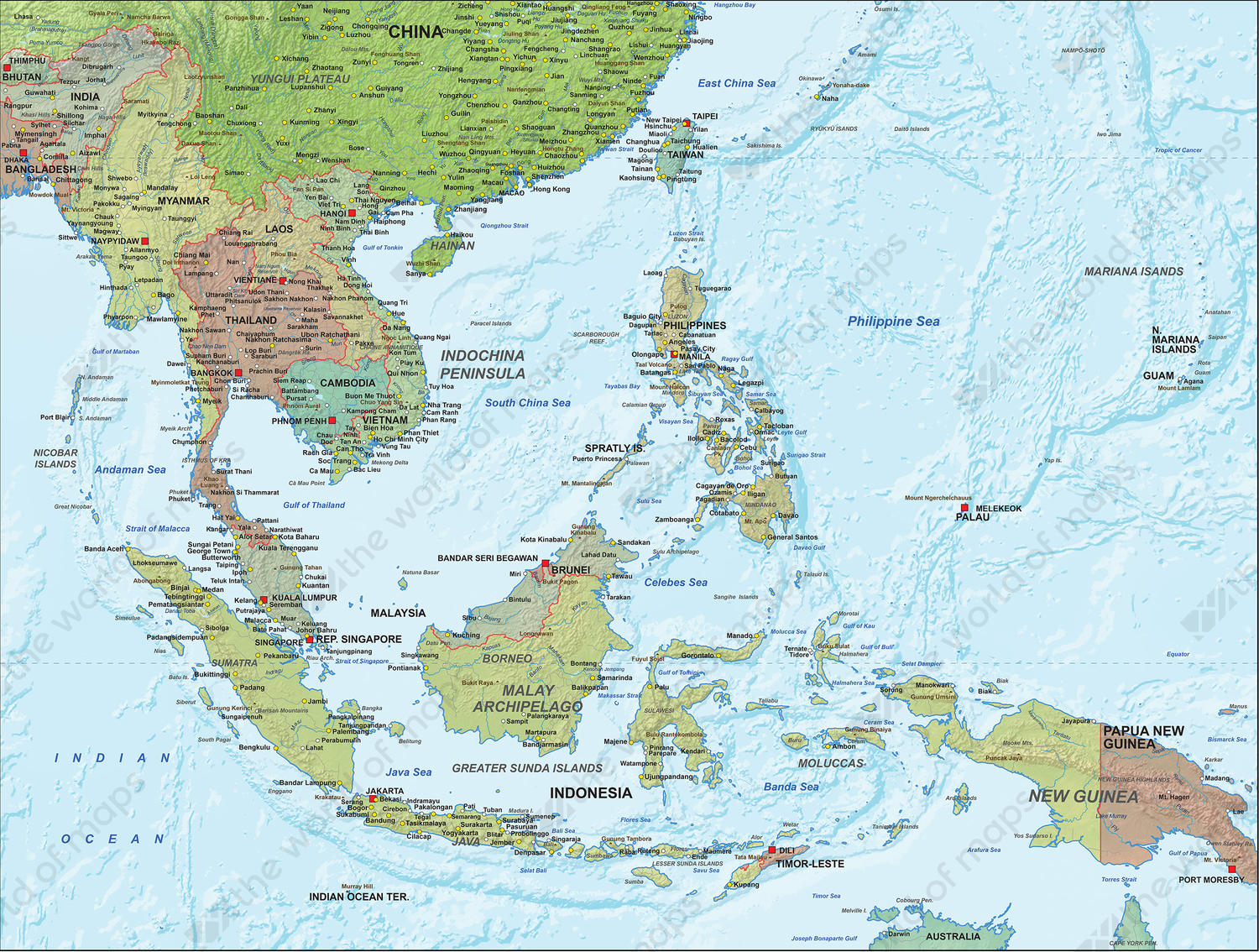 east asia political map Digital Political Map South East Asia With Relief 1313 The World