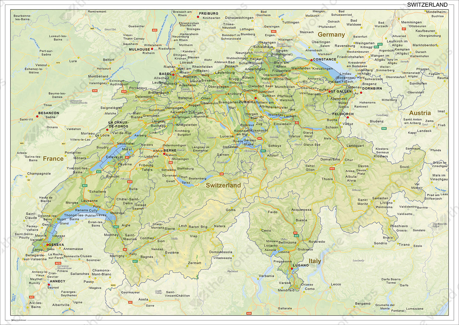 Digital physical map of Switzerland