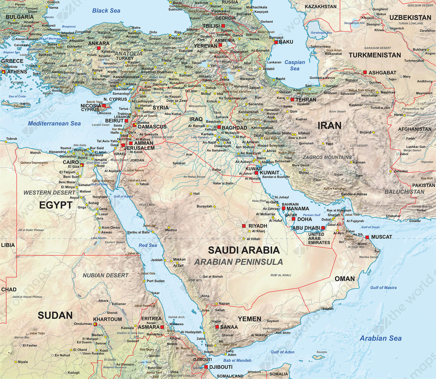 Digital map Middle East physical