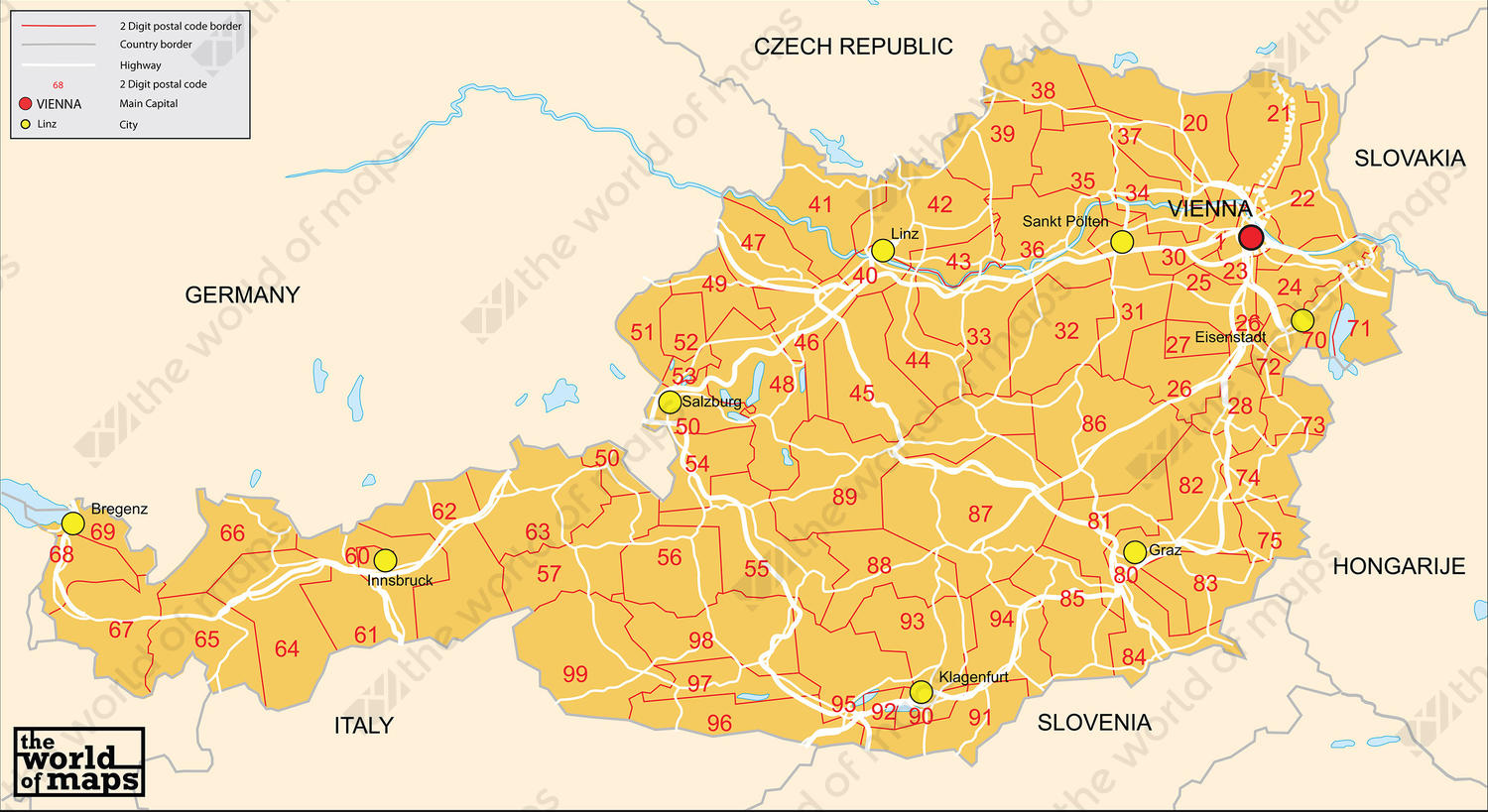 Digital Zip Code Map Austria 2 Digit 70 The World Of
