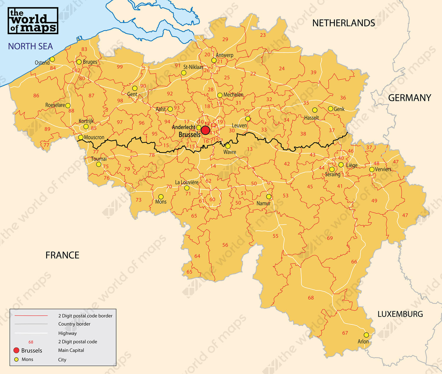 Digital ZIP code map Belgium 2-digit