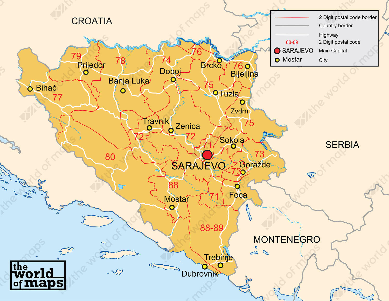 Digital postal code map Bosnia 2-digit