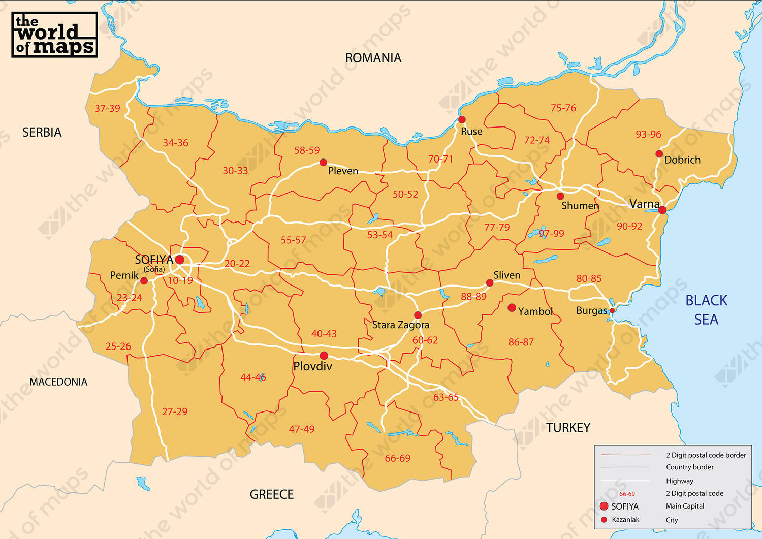 Digital postcode map Bulgaria 2-digit
