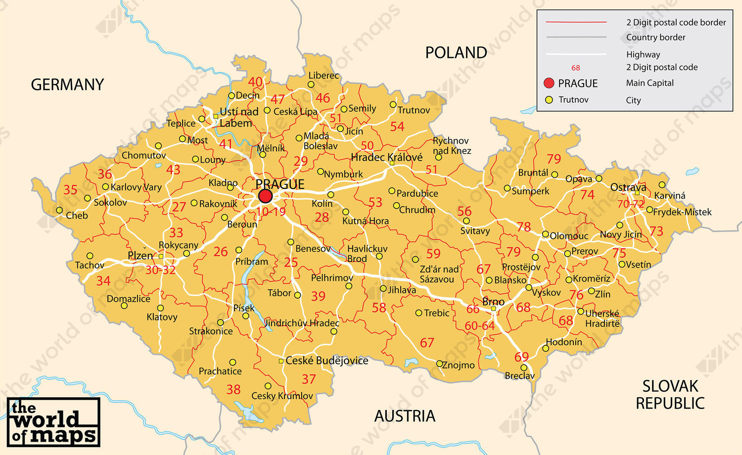 Digital postcode map Czech Republic 2-digit 76 | The World of Maps.com