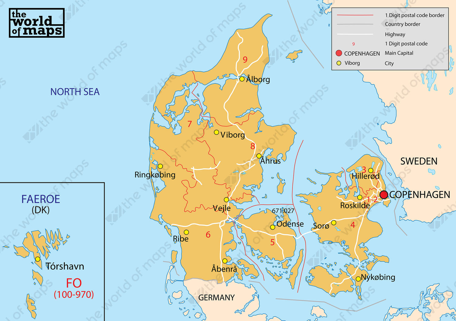 Digital postcode map Denmark 1-digit