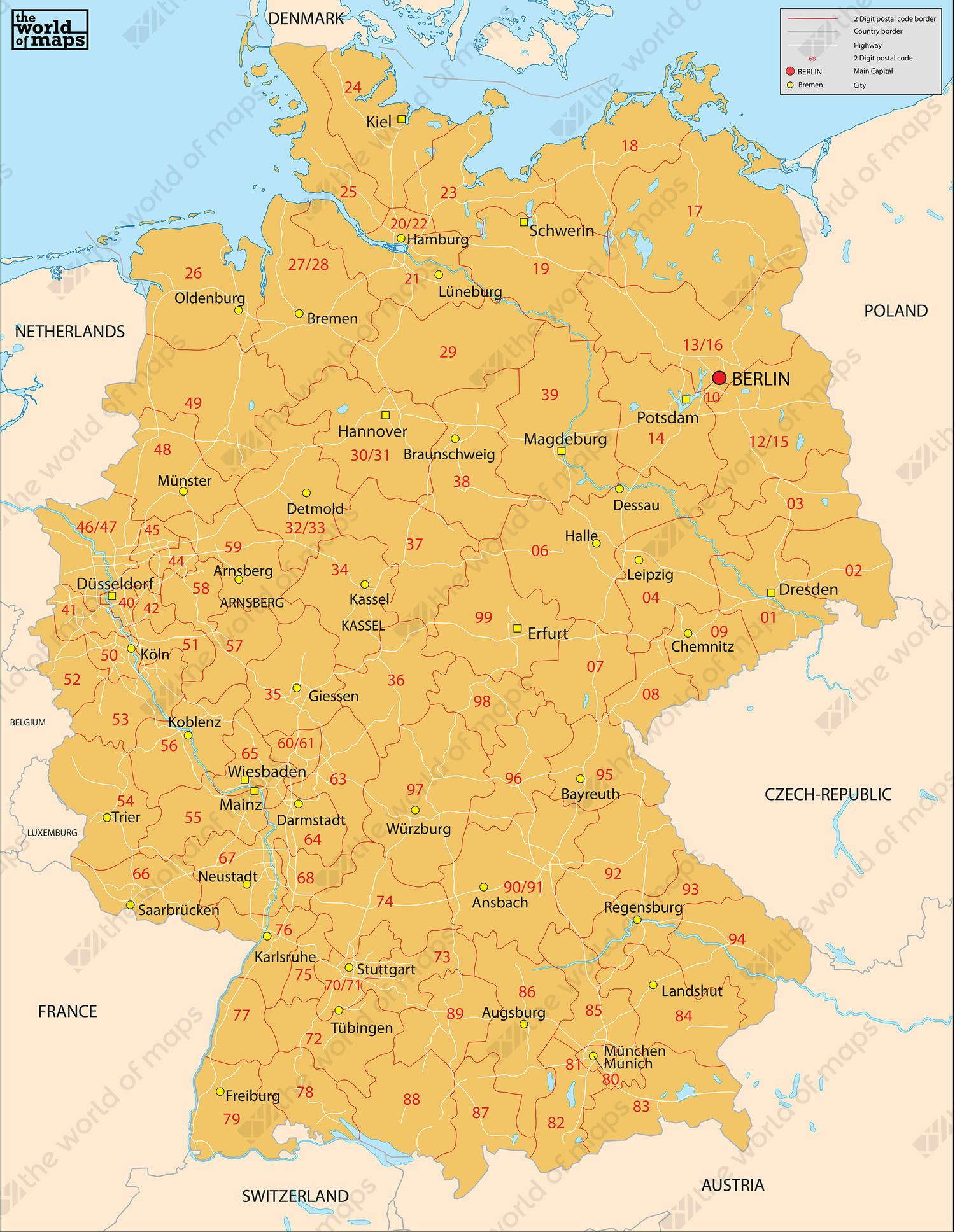 Digital postcode map Germany 2-digit 81 | The World of Maps.com