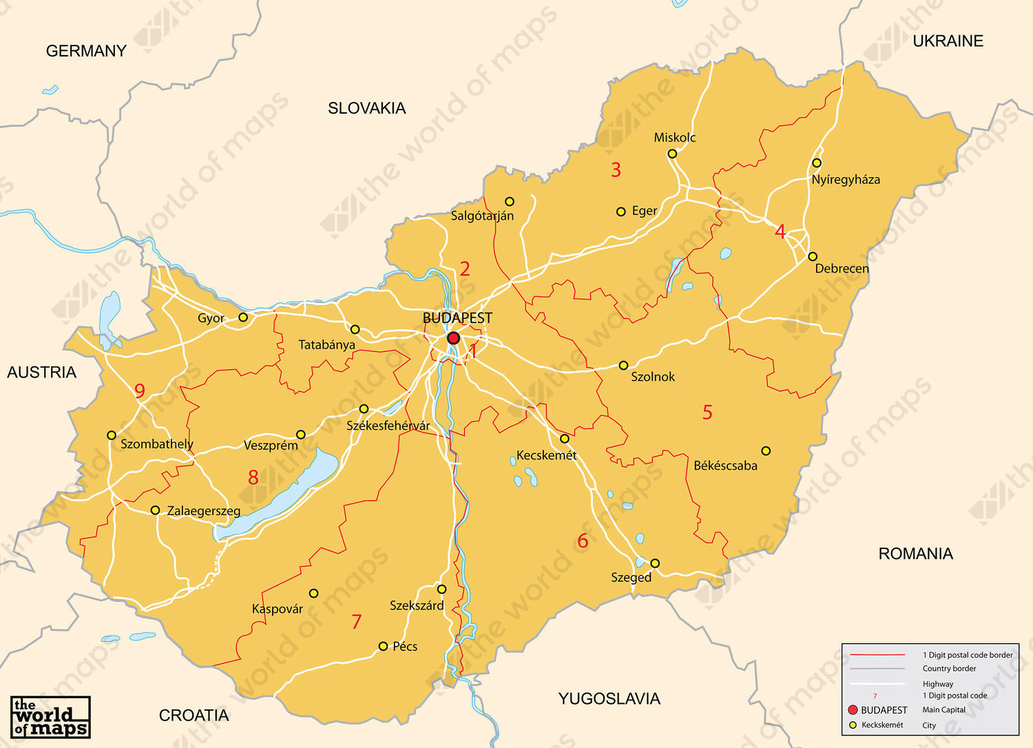 Digital postcode map Hungary 1-digit