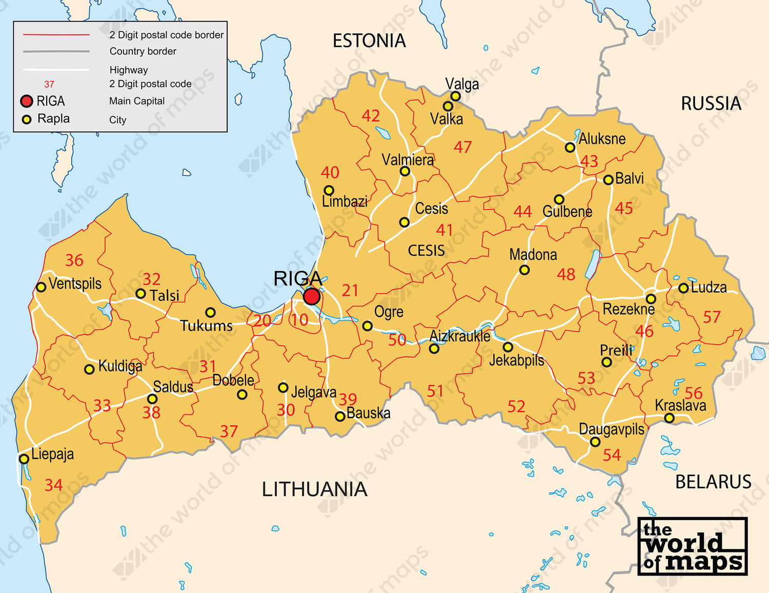 Digital postcode map Latvia 2-digit 