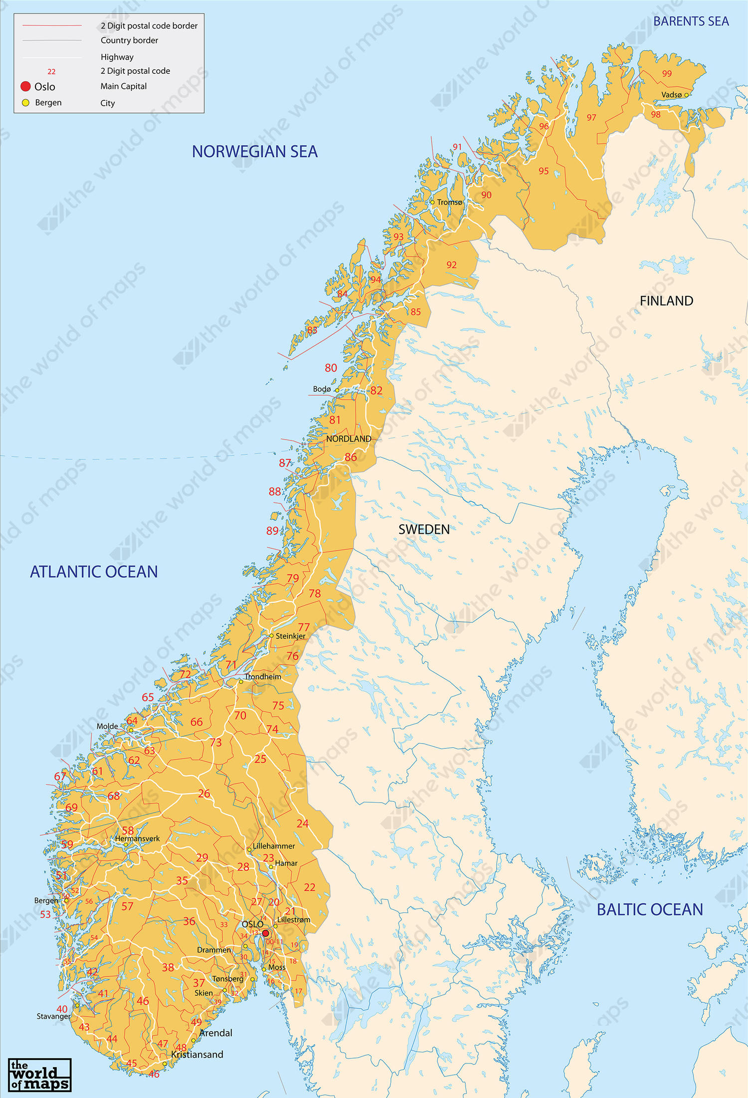 Digital postcode map Norway 2-digit