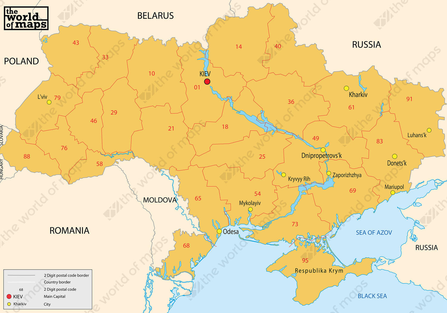 Digital ZIP code map Ukraine 2-digit