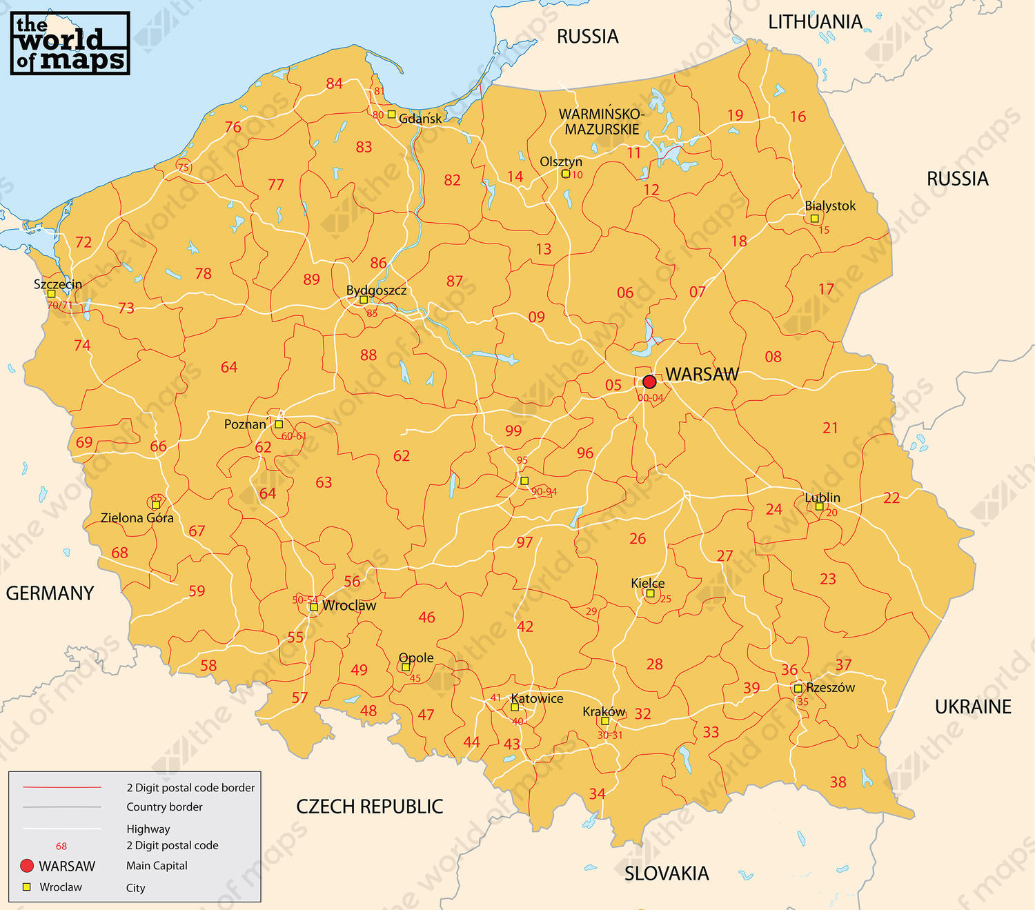 Digital postcode map Poland 2-digit