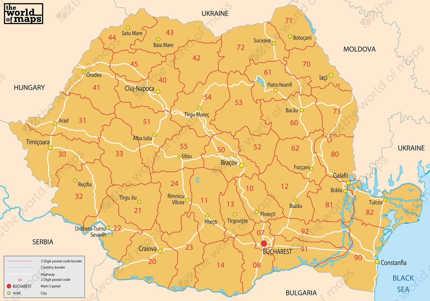 Digital postcode map Romania 2-digit