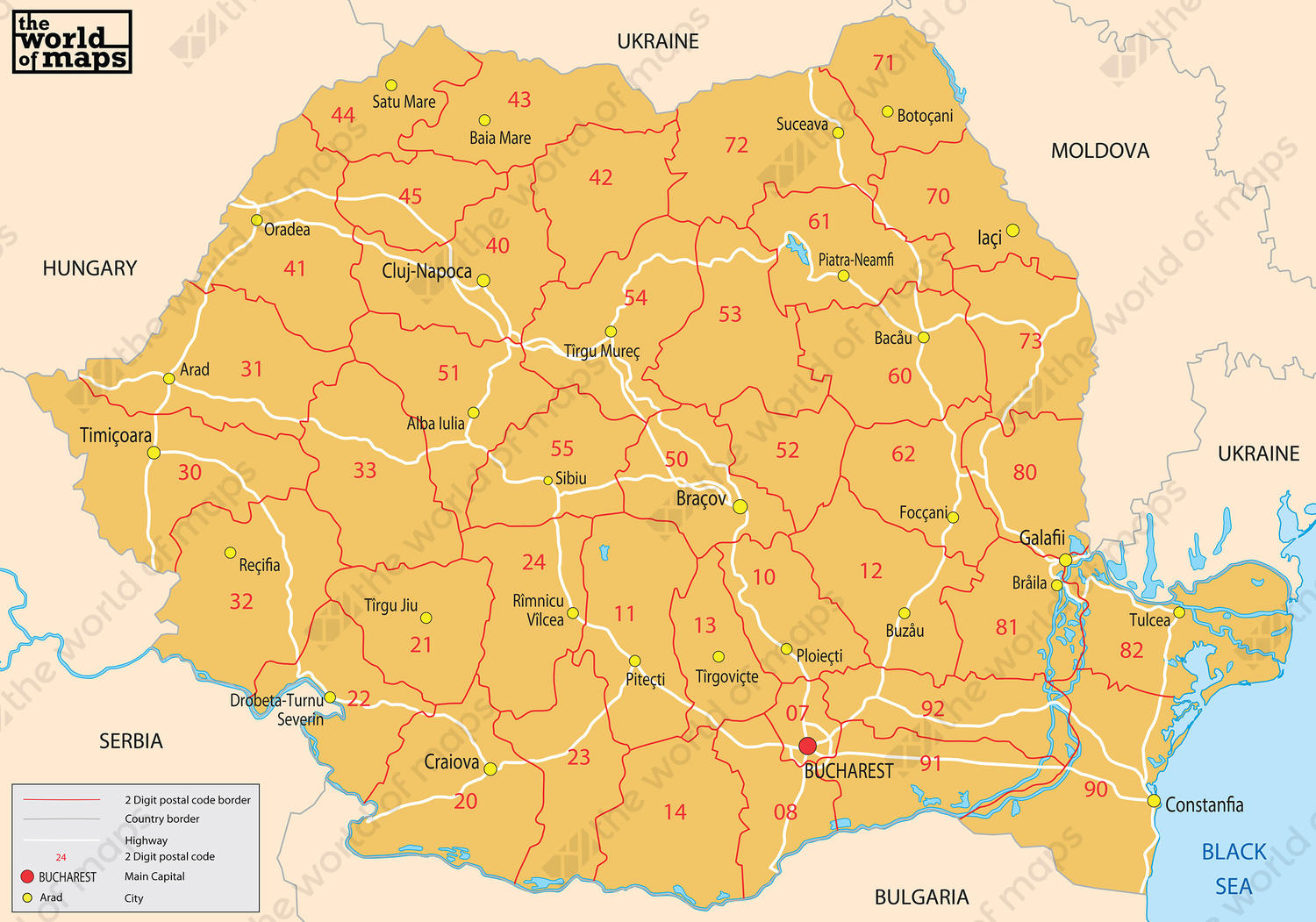 Digital postcode map Romania 2-digit 204 The World of Maps.com