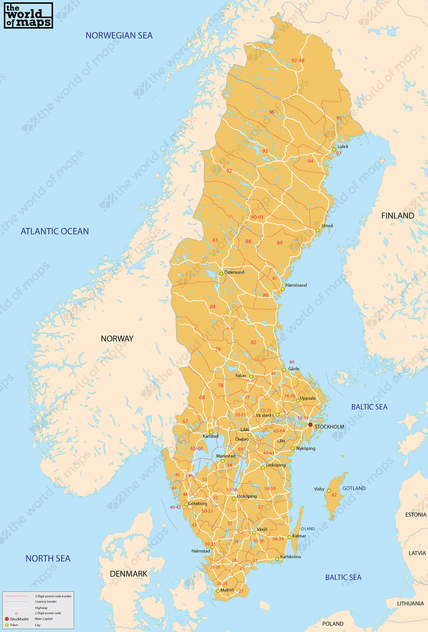 Digital postal code map Sweden 2-digit 209 | The World of Maps.com