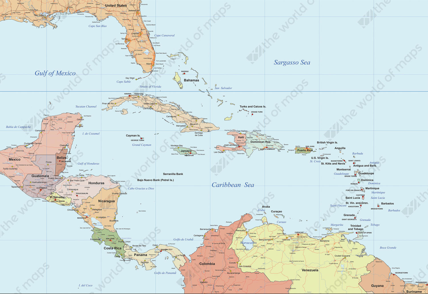 Digital Map Central America / Caribbean 831 | The World of Maps.com