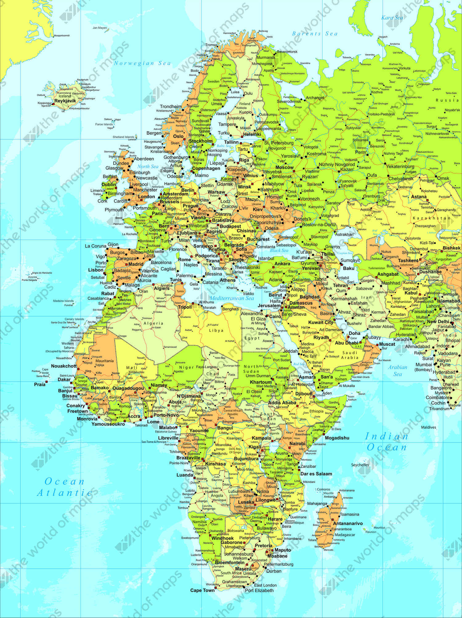  Digital map Europe, Middle East and Africa, detailed